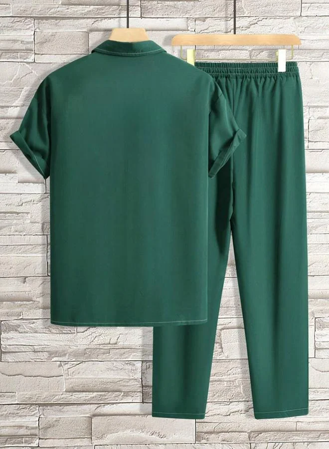 Take Two Men Dark Green Short Sleeve Shirt and Trousers Co-Ords
